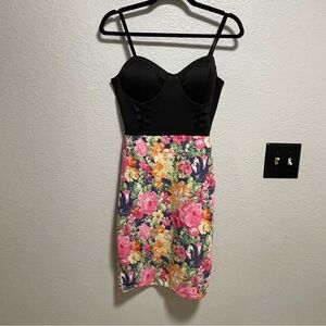 VTG AltB Black & Floral Mini Dress w Adjustable Spaghetti Straps LARGE
